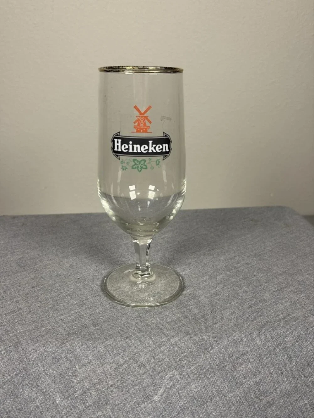 Heineken Stemmed Beer Glass Windmill Logo Gold Rim Pilsner Barware